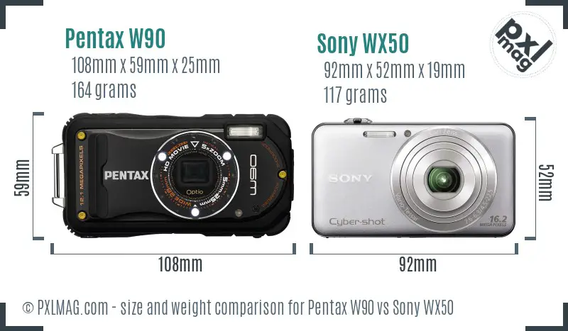 Pentax W90 vs Sony WX50 size comparison