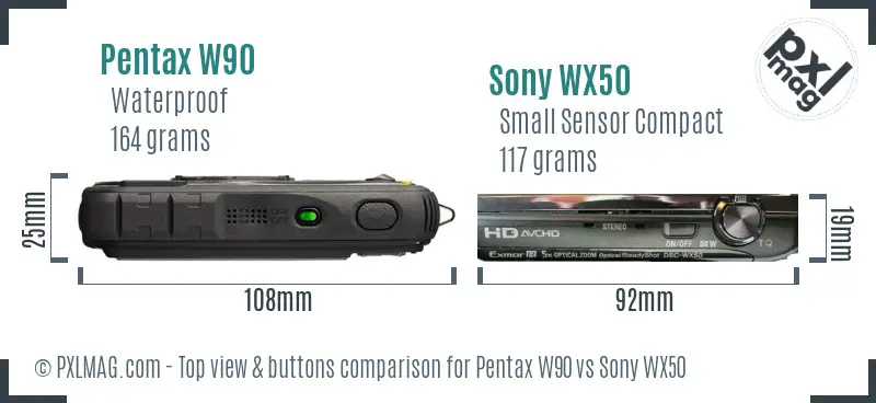 Pentax W90 vs Sony WX50 top view buttons comparison