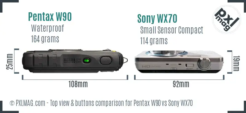 Pentax W90 vs Sony WX70 top view buttons comparison