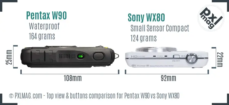 Pentax W90 vs Sony WX80 top view buttons comparison Pentax W90 vs Sony WX80 top view buttons comparison