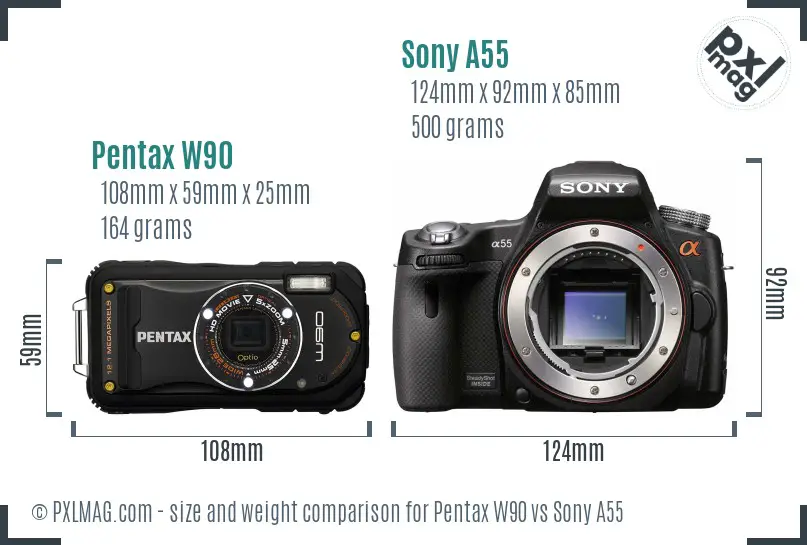 Pentax W90 vs Sony A55 size comparison Pentax W90 vs Sony A55 size comparison
