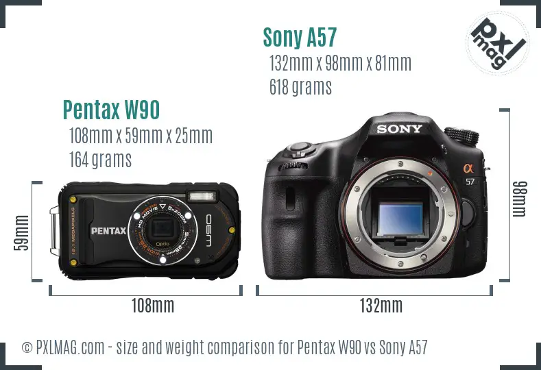 Pentax W90 vs Sony A57 size comparison