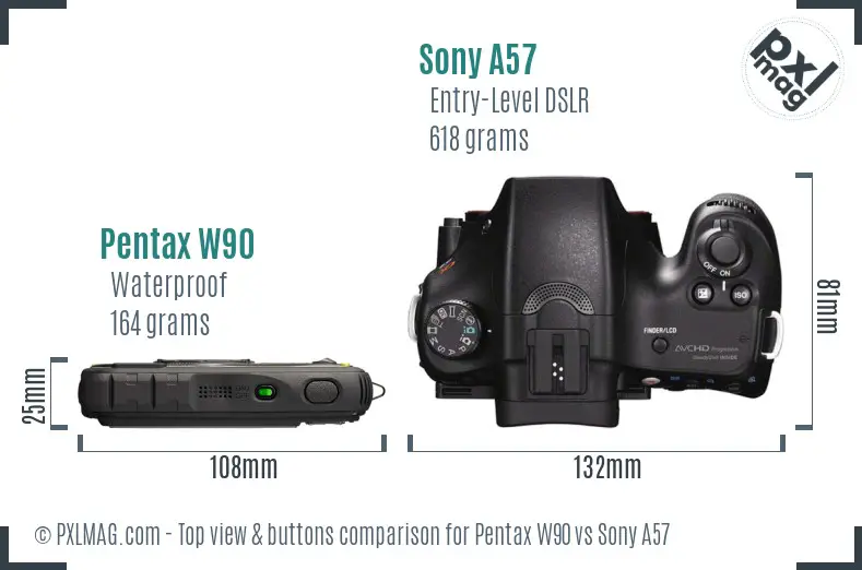 Pentax W90 vs Sony A57 top view buttons comparison