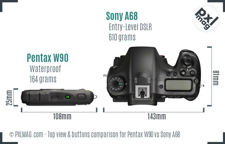 Pentax W90 vs Sony A68 top view buttons comparison