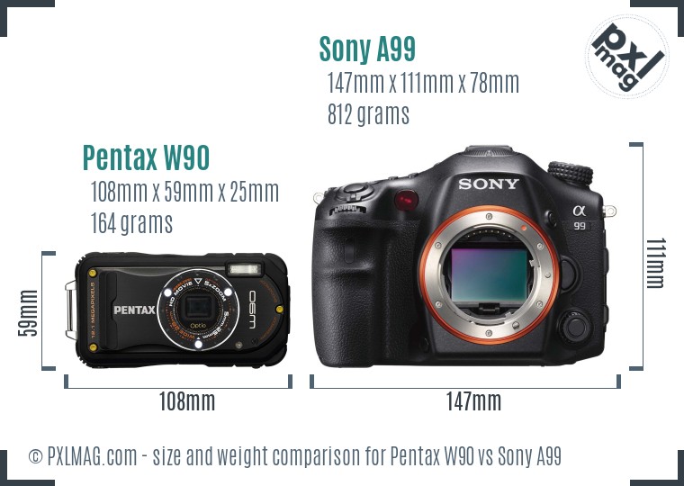 Pentax W90 vs Sony A99 size comparison Pentax W90 vs Sony A99 size comparison
