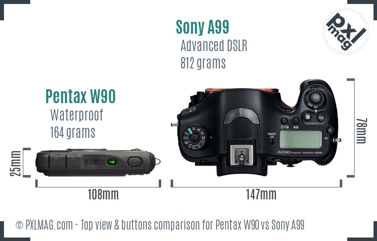 Pentax W90 vs Sony A99 top view buttons comparison