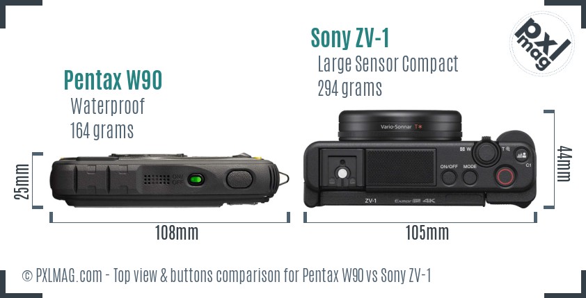 Pentax W90 vs Sony ZV-1 top view buttons comparison