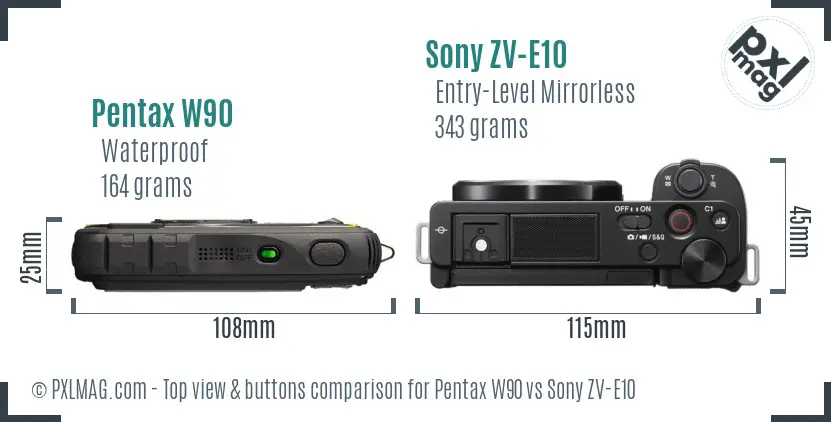 Pentax W90 vs Sony ZV-E10 top view buttons comparison Pentax W90 vs Sony ZV-E10 top view buttons comparison