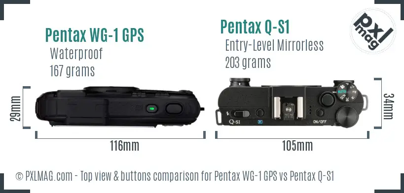 Pentax WG-1 GPS vs Pentax Q-S1 top view buttons comparison