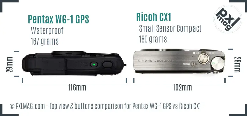 Pentax WG-1 GPS vs Ricoh CX1 top view buttons comparison