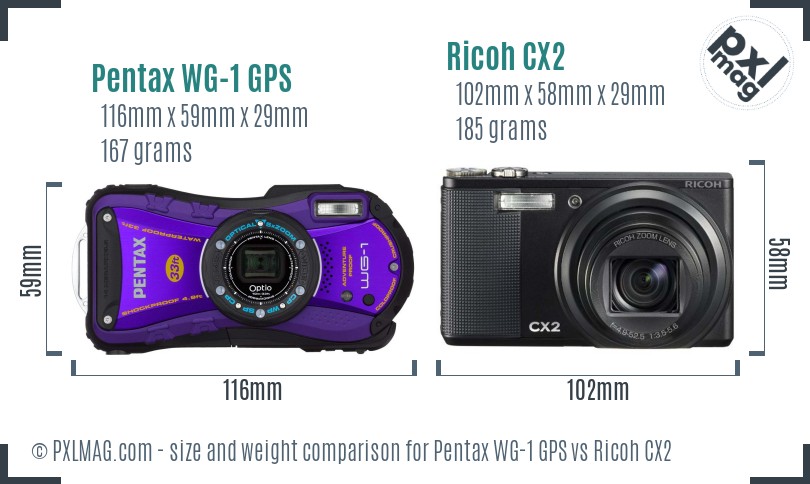 Pentax WG-1 GPS vs Ricoh CX2 size comparison Pentax WG-1 GPS vs Ricoh CX2 size comparison