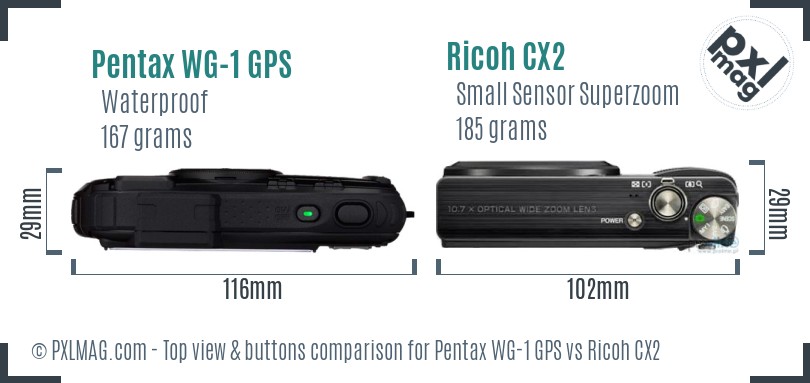 Pentax WG-1 GPS vs Ricoh CX2 top view buttons comparison