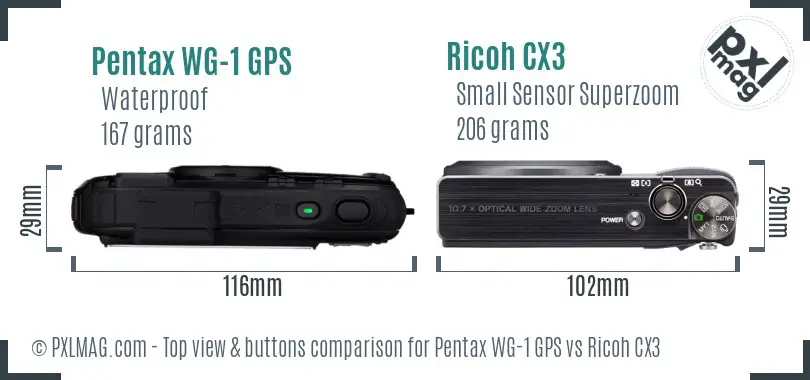 Pentax WG-1 GPS vs Ricoh CX3 top view buttons comparison