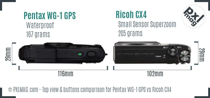 Pentax WG-1 GPS vs Ricoh CX4 top view buttons comparison