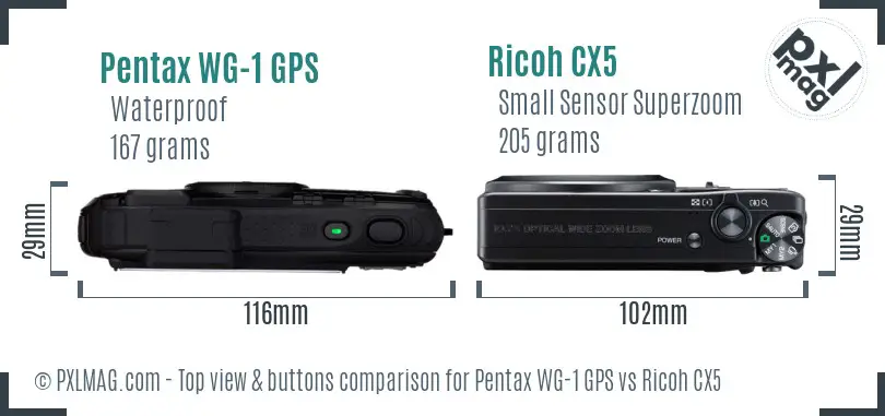 Pentax WG-1 GPS vs Ricoh CX5 top view buttons comparison