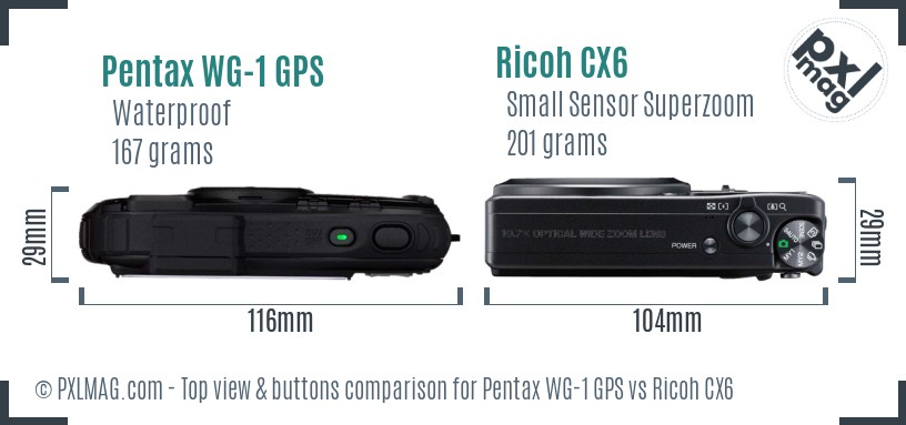 Pentax WG-1 GPS vs Ricoh CX6 top view buttons comparison
