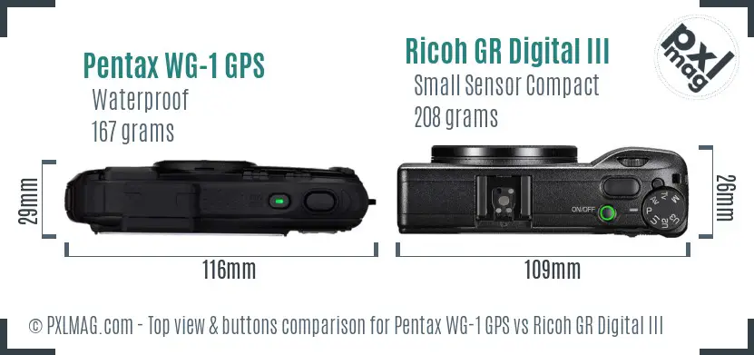 Pentax WG-1 GPS vs Ricoh GR Digital III top view buttons comparison Pentax WG-1 GPS vs Ricoh GR Digital III top view buttons comparison