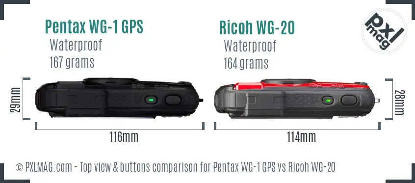 Pentax WG-1 GPS vs Ricoh WG-20 top view buttons comparison