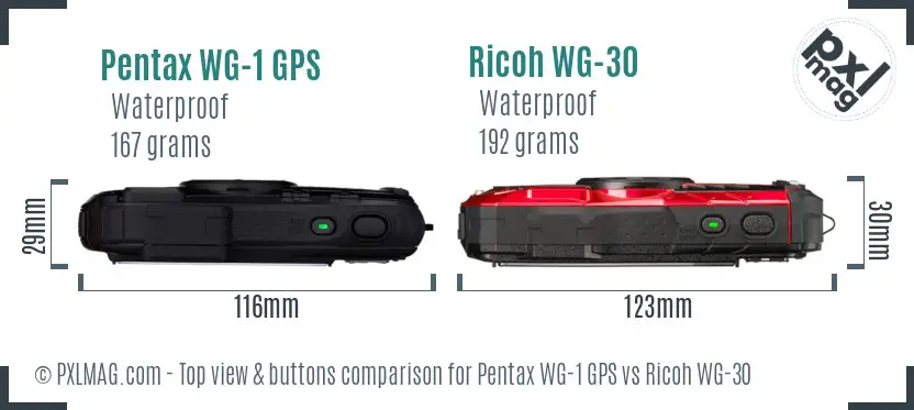 Pentax WG-1 GPS vs Ricoh WG-30 top view buttons comparison