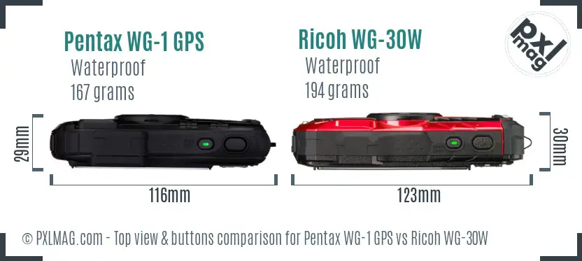 Pentax WG-1 GPS vs Ricoh WG-30W top view buttons comparison