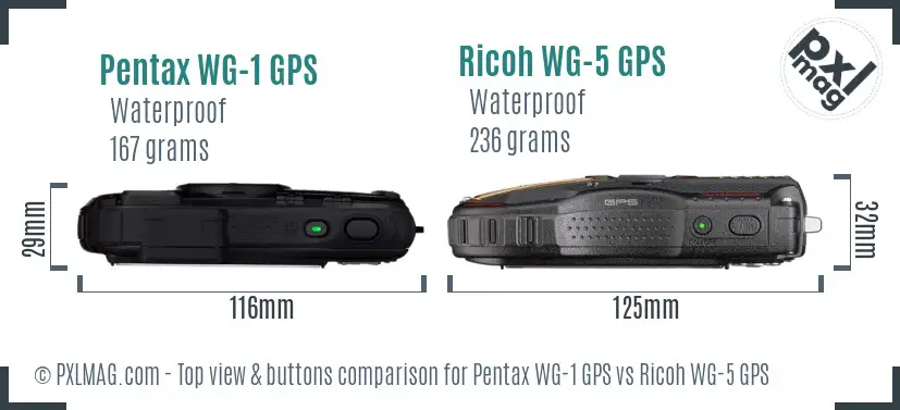 Pentax WG-1 GPS vs Ricoh WG-5 GPS top view buttons comparison