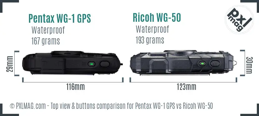 Pentax WG-1 GPS vs Ricoh WG-50 top view buttons comparison