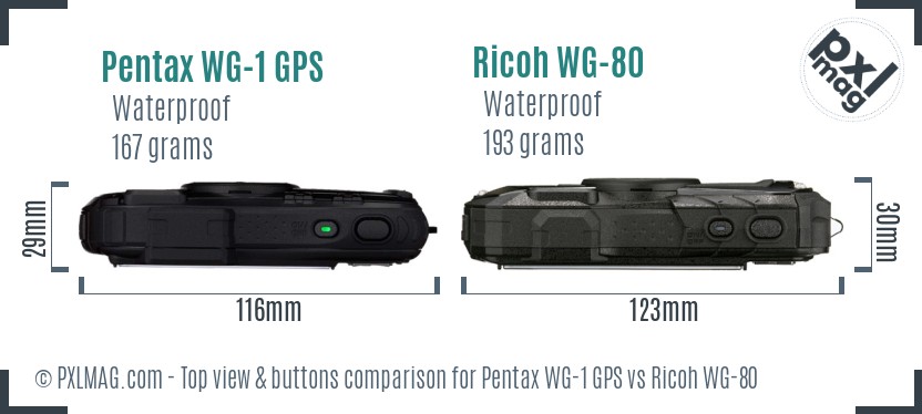 Pentax WG-1 GPS vs Ricoh WG-80 top view buttons comparison