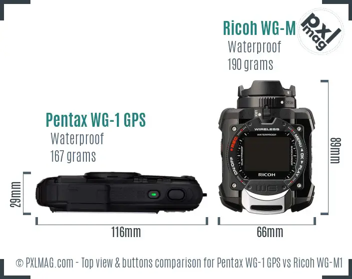 Pentax WG-1 GPS vs Ricoh WG-M1 top view buttons comparison Pentax WG-1 GPS vs Ricoh WG-M1 top view buttons comparison