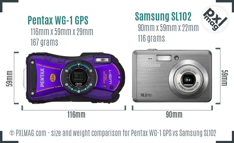 Pentax WG-1 GPS vs Samsung SL102 size comparison Pentax WG-1 GPS vs Samsung SL102 size comparison