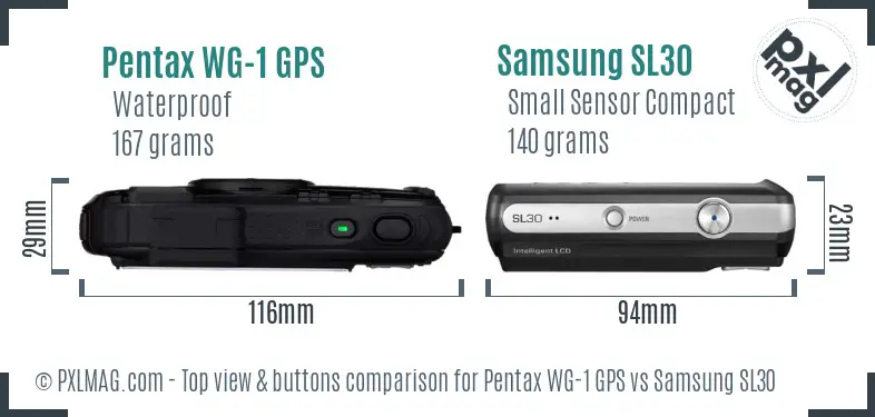 Pentax WG-1 GPS vs Samsung SL30 top view buttons comparison Pentax WG-1 GPS vs Samsung SL30 top view buttons comparison