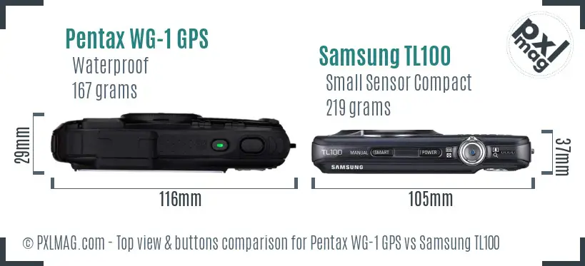 Pentax WG-1 GPS vs Samsung TL100 top view buttons comparison Pentax WG-1 GPS vs Samsung TL100 top view buttons comparison