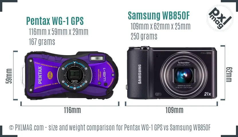 Pentax WG-1 GPS vs Samsung WB850F size comparison Pentax WG-1 GPS vs Samsung WB850F size comparison