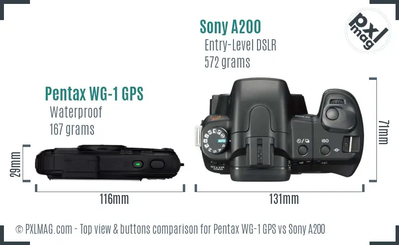 Pentax WG-1 GPS vs Sony A200 top view buttons comparison Pentax WG-1 GPS vs Sony A200 top view buttons comparison