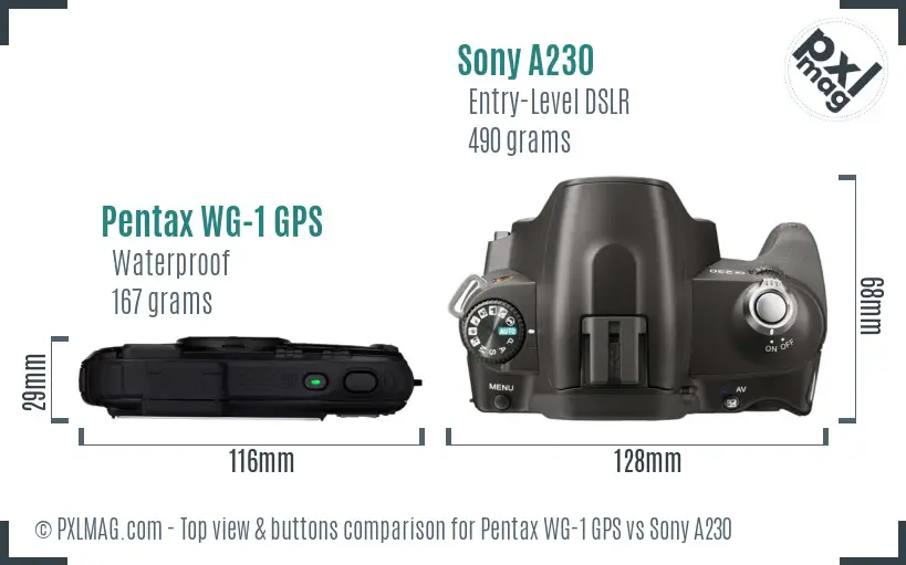 Pentax WG-1 GPS vs Sony A230 top view buttons comparison