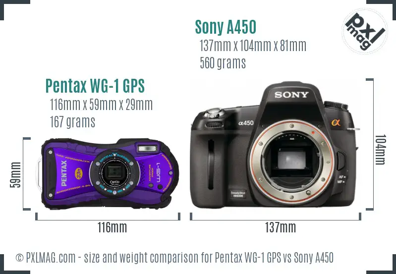 Pentax WG-1 GPS vs Sony A450 size comparison Pentax WG-1 GPS vs Sony A450 size comparison