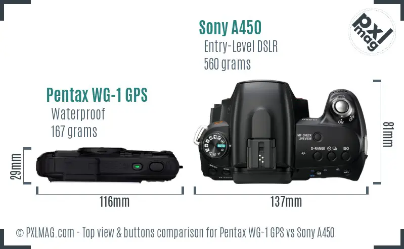 Pentax WG-1 GPS vs Sony A450 top view buttons comparison Pentax WG-1 GPS vs Sony A450 top view buttons comparison