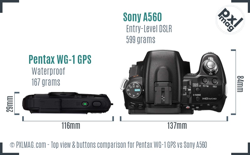 Pentax WG-1 GPS vs Sony A560 top view buttons comparison