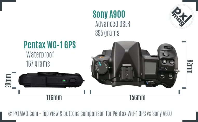 Pentax WG-1 GPS vs Sony A900 top view buttons comparison Pentax WG-1 GPS vs Sony A900 top view buttons comparison