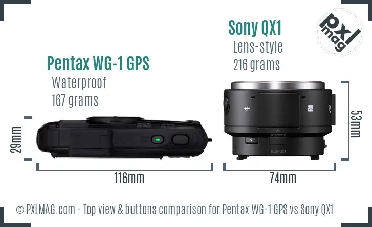 Pentax WG-1 GPS vs Sony QX1 top view buttons comparison