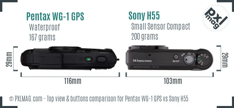 Pentax WG-1 GPS vs Sony H55 top view buttons comparison Pentax WG-1 GPS vs Sony H55 top view buttons comparison