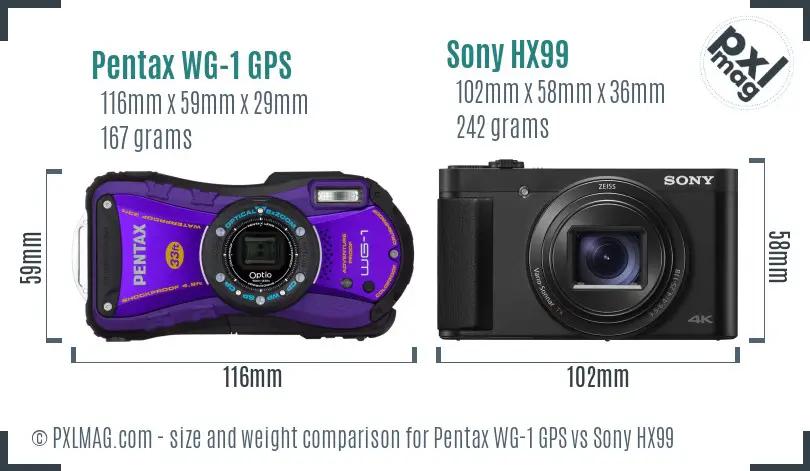 Pentax WG-1 GPS vs Sony HX99 size comparison Pentax WG-1 GPS vs Sony HX99 size comparison