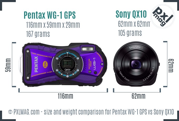 Pentax WG-1 GPS vs Sony QX10 size comparison