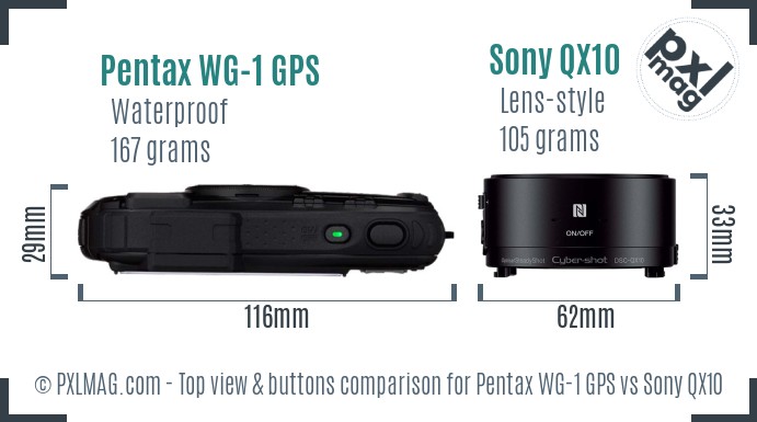 Pentax WG-1 GPS vs Sony QX10 top view buttons comparison