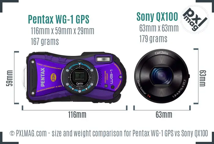 Pentax WG-1 GPS vs Sony QX100 size comparison Pentax WG-1 GPS vs Sony QX100 size comparison