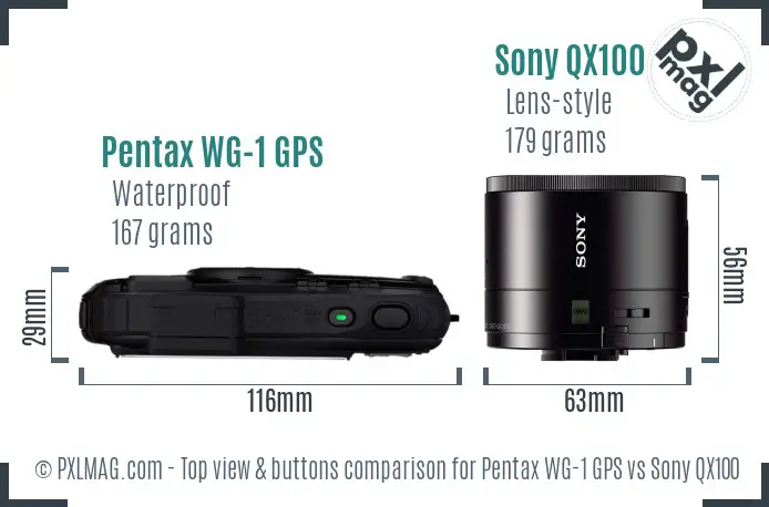 Pentax WG-1 GPS vs Sony QX100 top view buttons comparison Pentax WG-1 GPS vs Sony QX100 top view buttons comparison