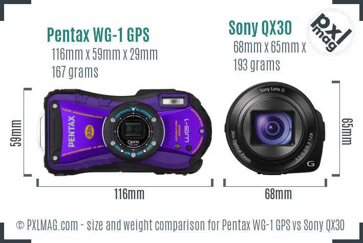 Pentax WG-1 GPS vs Sony QX30 size comparison