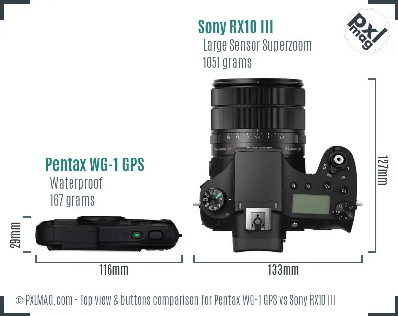 Pentax WG-1 GPS vs Sony RX10 III top view buttons comparison Pentax WG-1 GPS vs Sony RX10 III top view buttons comparison