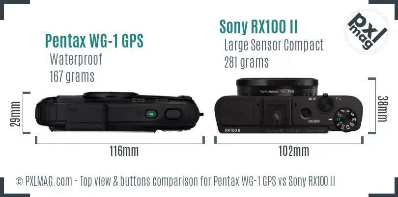 Pentax WG-1 GPS vs Sony RX100 II top view buttons comparison Pentax WG-1 GPS vs Sony RX100 II top view buttons comparison