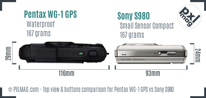 Pentax WG-1 GPS vs Sony S980 top view buttons comparison