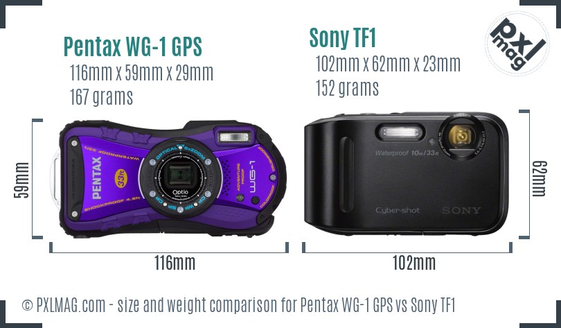Pentax WG-1 GPS vs Sony TF1 size comparison Pentax WG-1 GPS vs Sony TF1 size comparison